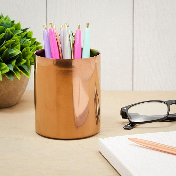 Inbox Zero Rose Gold Pen Holder, Metal Pencil Caddy Organiser For Desk